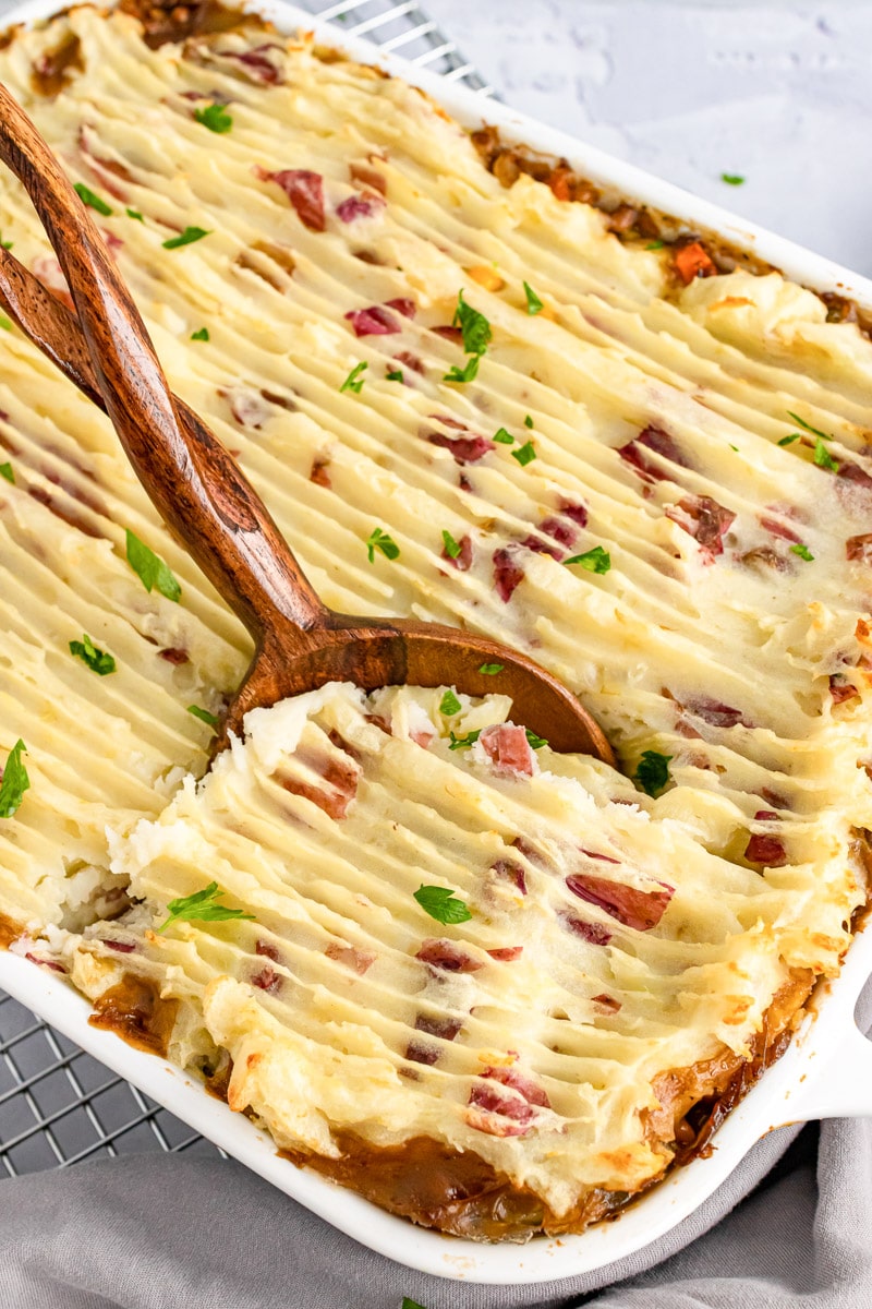 close up of vegan shepherd's pie in casserole dish