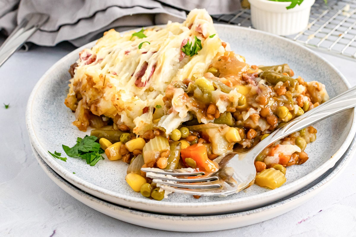 slice of vegan shepherd's pie on a plate