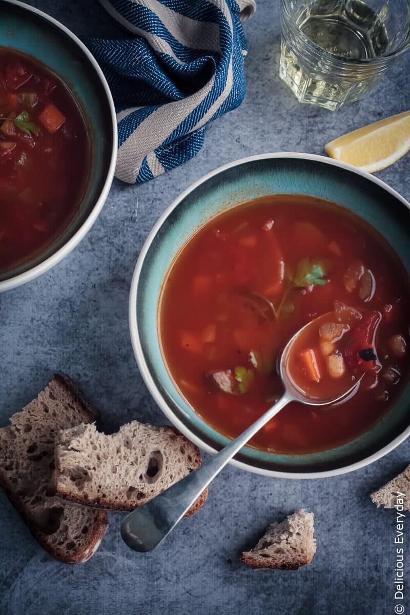 This rustic Smoky Tomato Soup is packed with vegetables and roasted peppers and spices. Flavourful, speedy and healthy this soup is a great weeknight meal.