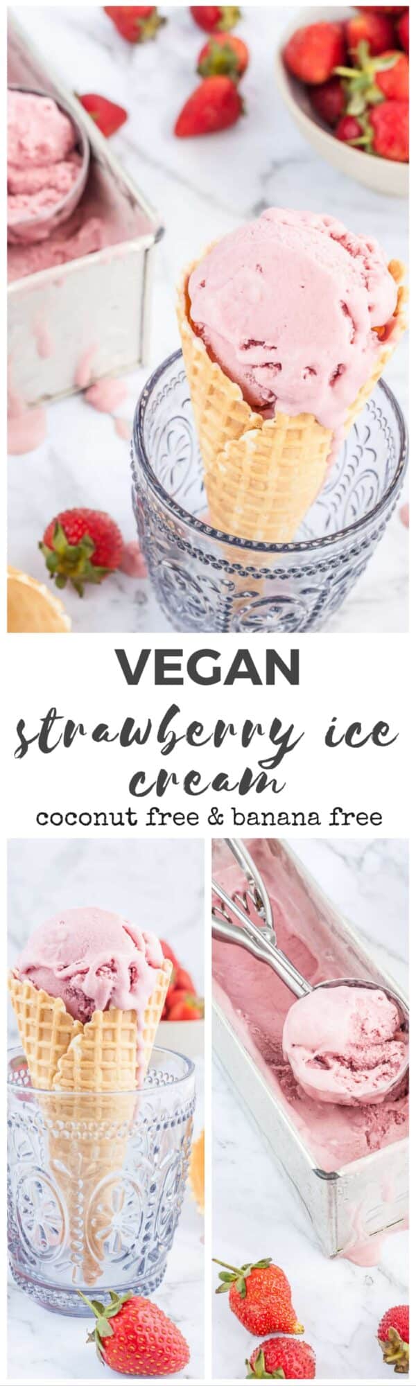 This vegan strawberry ice cream contains no bananas, no coconut and it is so creamy and delicious you’d never know its dairy free.