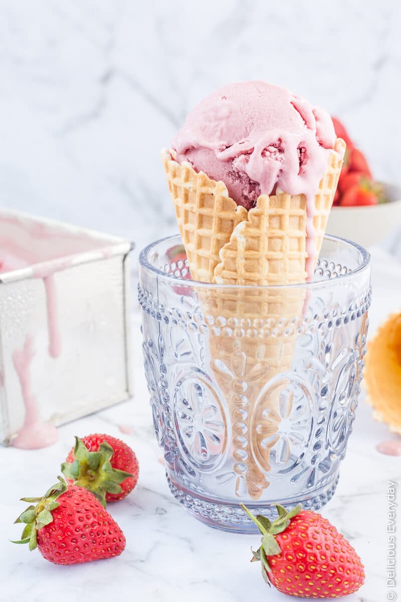 This vegan strawberry ice cream contains no bananas, no coconut and it is so creamy and delicious you’d never know its dairy free.