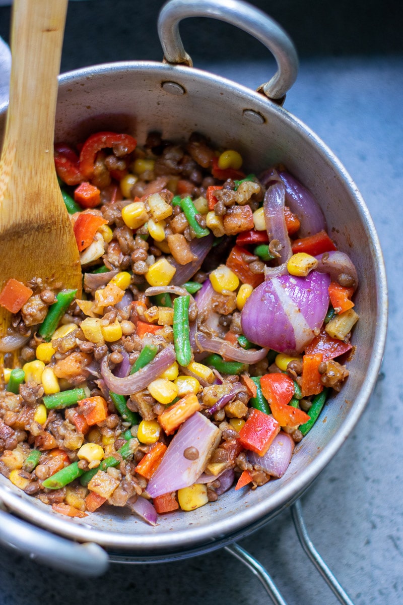 frying pan full of veggies