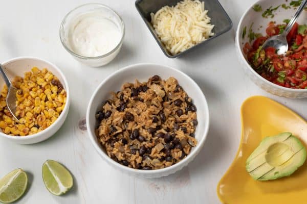 ingredients for vegetarian burrito bowls on the table