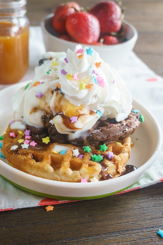 waffle sundae with ice cream and toppings