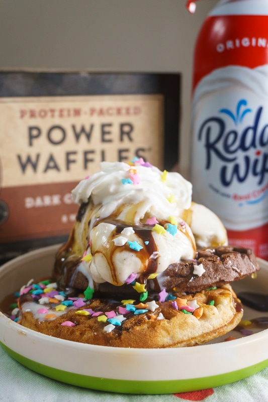 waffle sundae with waffles and whipped cream