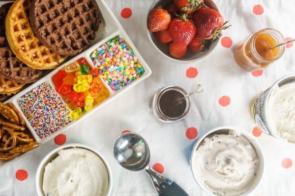 toppings for waffle sundae on a table