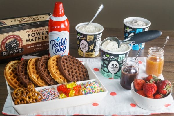 waffle sundae bar with waffles, ice cream, and toppings