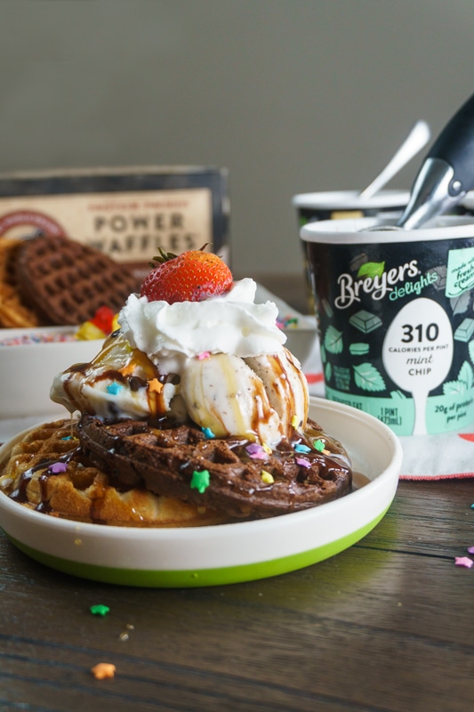 waffle sundae with chocolate waffles and ice cream