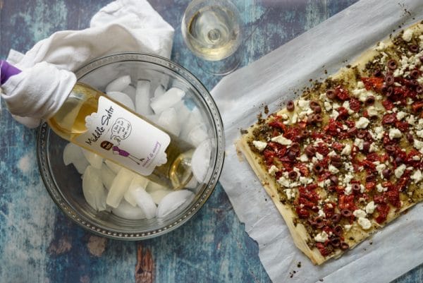 moscato and mediterranean flatbread at a pool party