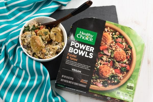 healthy choice falafel and tahini bowl being served