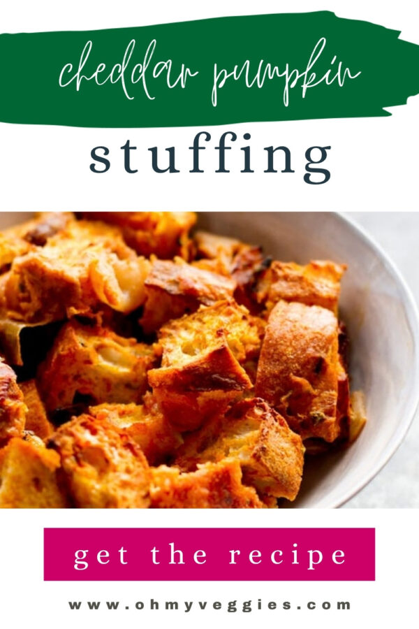 Cheddar pumpkin stuffing Pinterest graphic with a bowl of baked stuffing