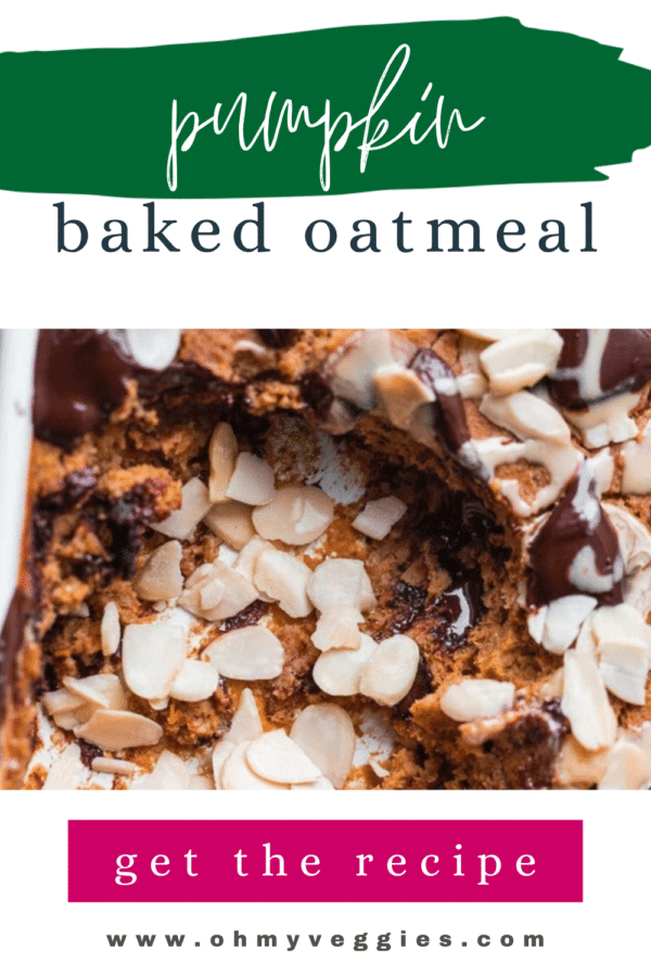 Pumpkin baked oatmeal Pinterest pin with a closeup of the baked oats