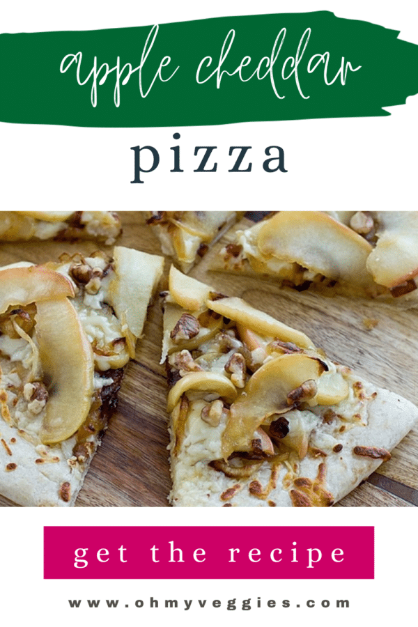 Apple cheddar pizza Pinterest graphic with slices of pizza topped with apples and walnuts