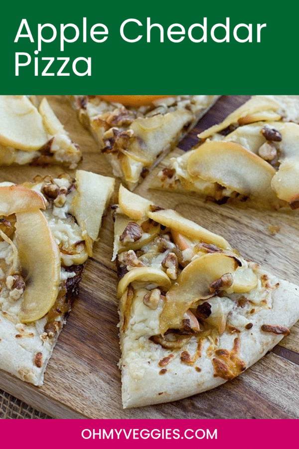 Apple Cheddar Pizza recipe pin showing sliced pizza with apples, caramelized onions and walnuts