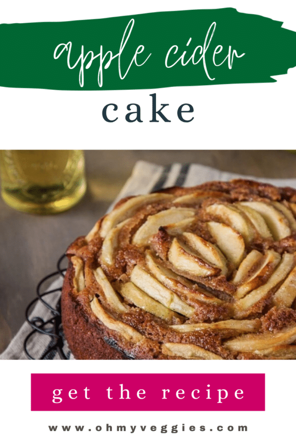 Apple cider cake topped with spiraled apple slices, Pinterest graphic with the recipe title