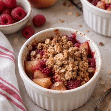 Apple and raspberry crumble baked in a white ramekin