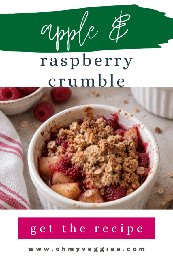 Apple and raspberry crumble Pinterest graphic with a crumble-topped ramekin