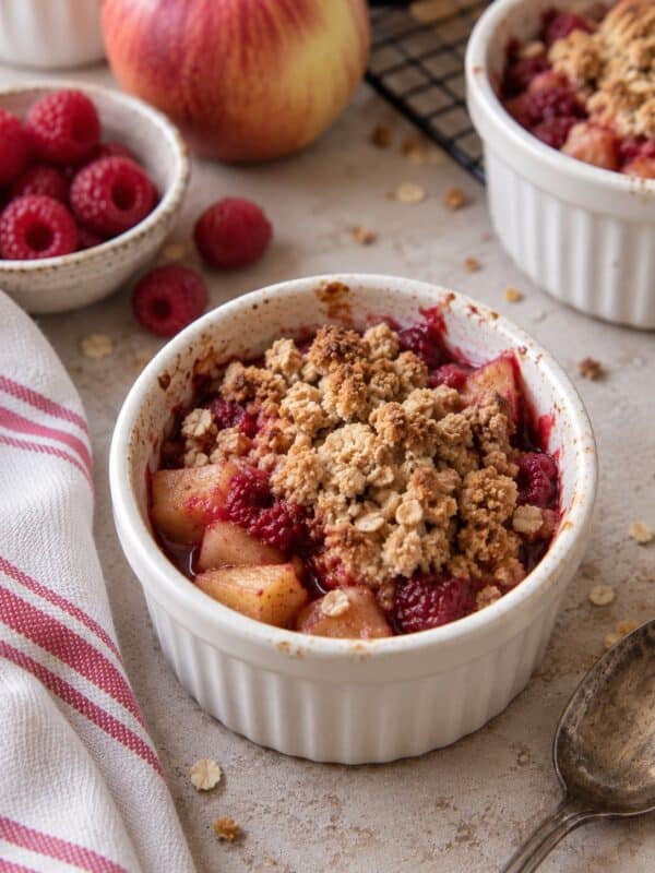 Apple and raspberry crumble baked in a white ramekin with fresh raspberries and an apple in the background