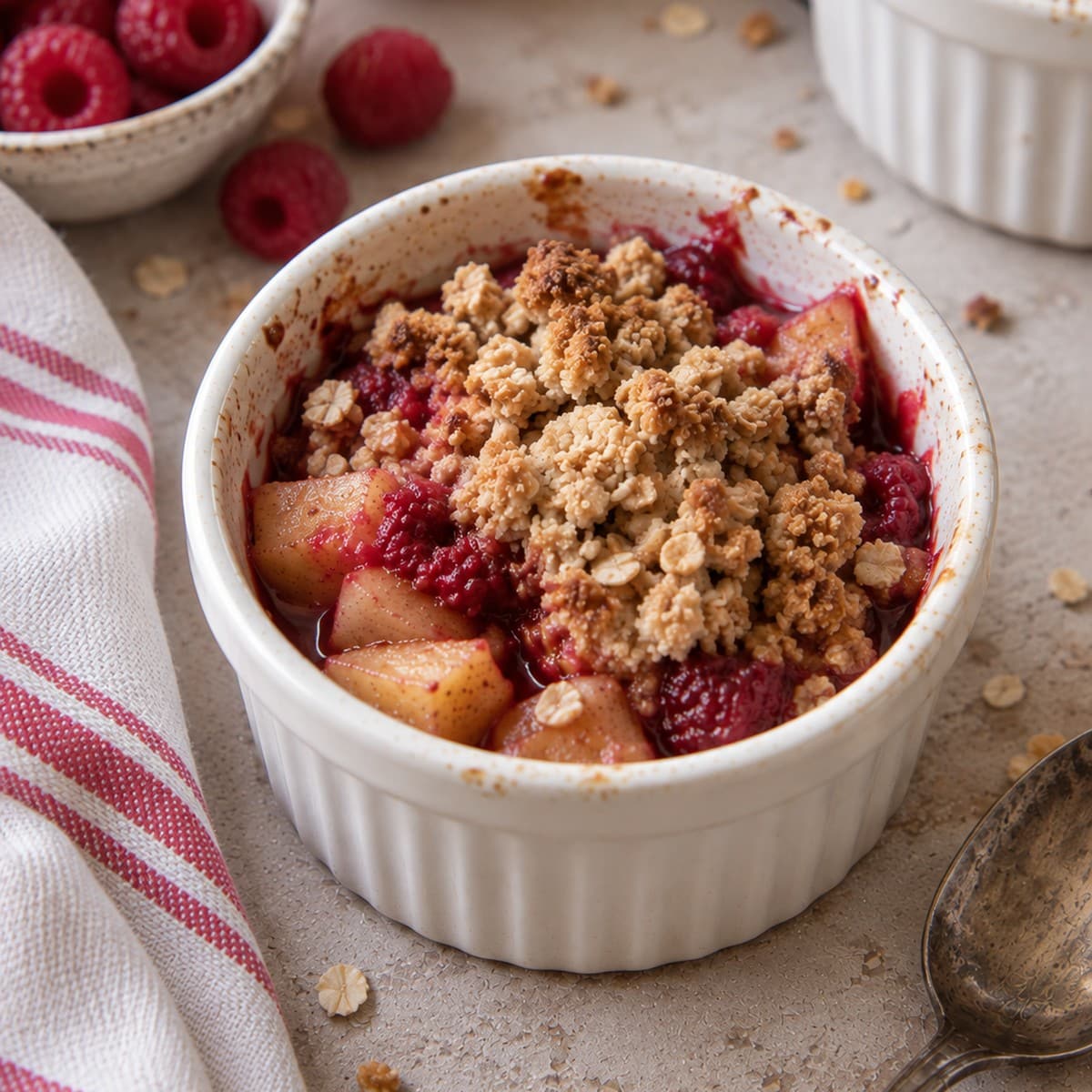 Individual apple and raspberry crumble in a white ramekin with a golden crumble topping