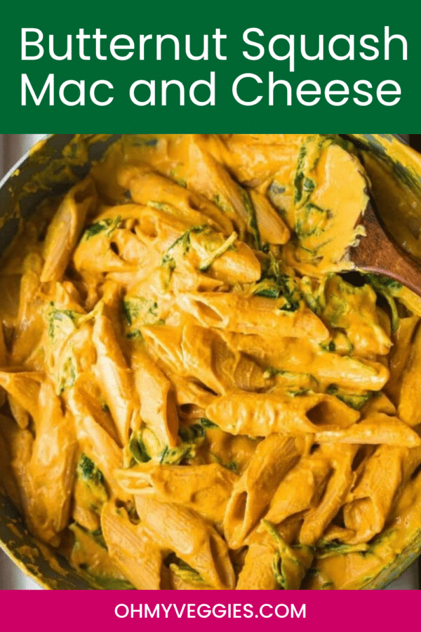 Butternut squash mac and cheese in a pan Pinterest graphic