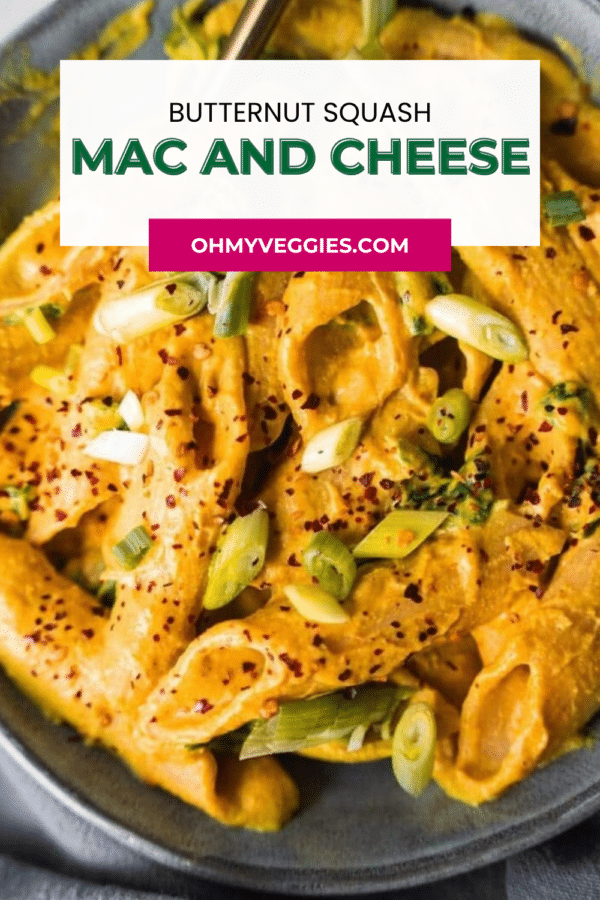 Butternut squash mac and cheese in a bowl Pinterest graphic