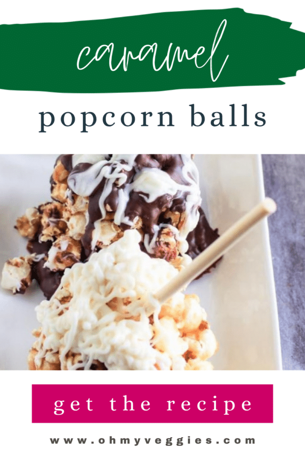 Caramel popcorn balls with chocolate drizzle Pinterest pin