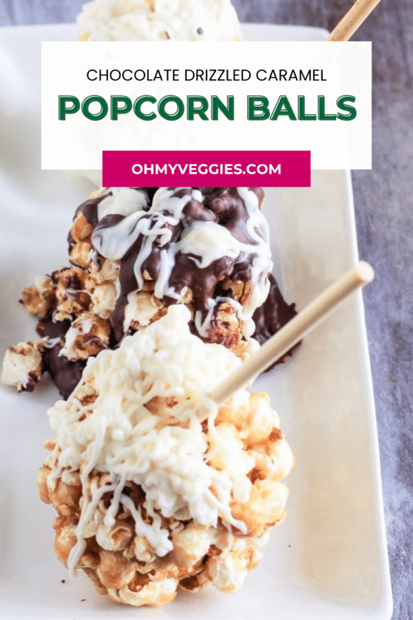 Chocolate drizzled caramel popcorn balls Pinterest pin