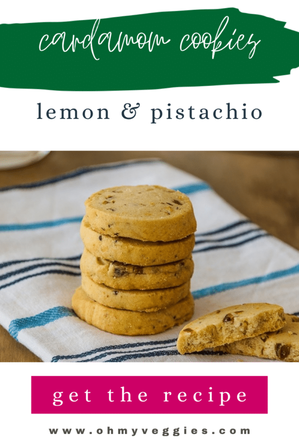 Cardamom cookies with lemon and pistachio Pinterest pin with a stack of shortbread cookies