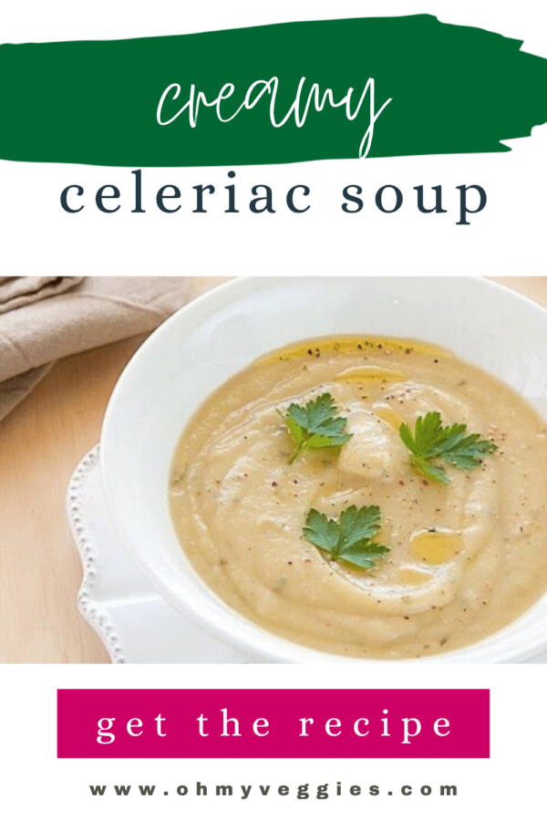 Creamy celeriac soup Pinterest pin with a bowl of soup garnished with parsley