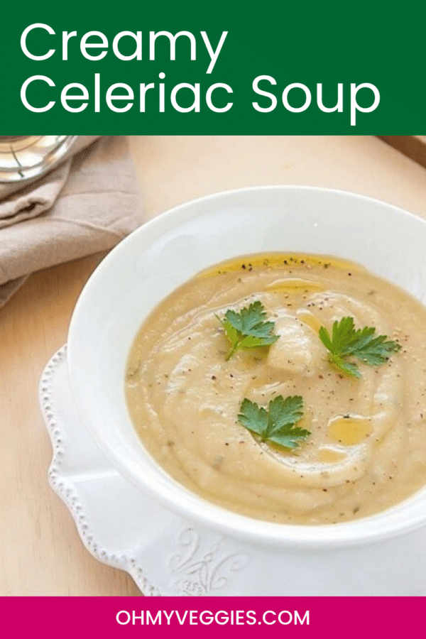 Creamy Celeriac Soup pin showing a white bowl of smooth celery root soup