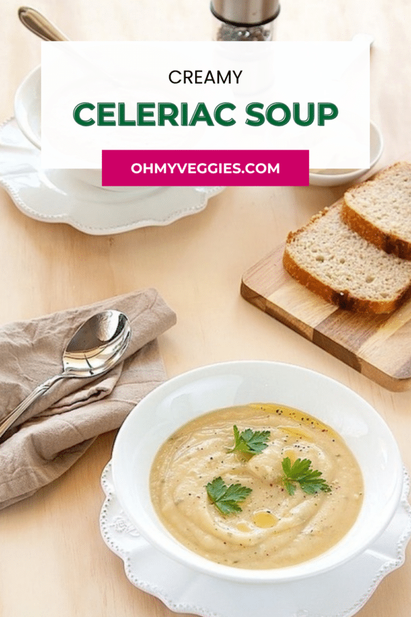 Creamy celeriac soup pin with two bowls of soup, parsley and sliced bread