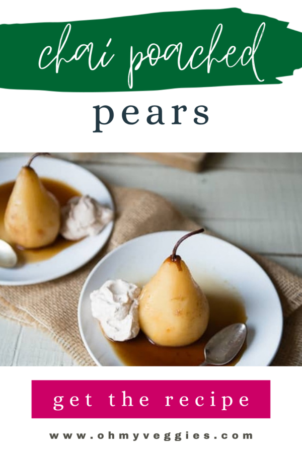 Chai poached pears Pinterest pin showing two plates of pears with cinnamon whipped cream