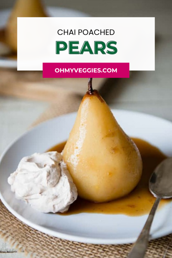 Chai poached pears Pinterest pin with a whole poached pear in chai syrup