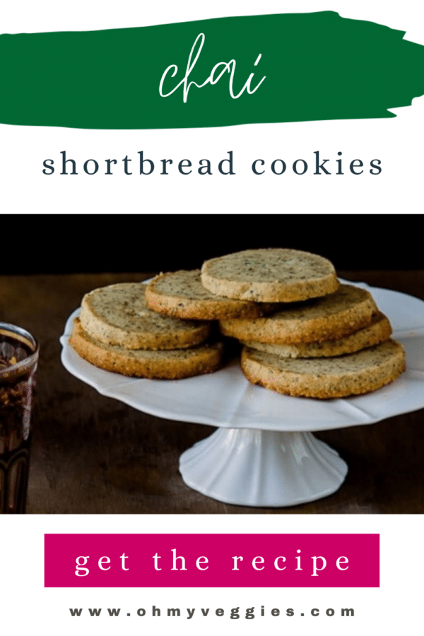Chai shortbread cookies Pinterest image with a cake stand of cookies