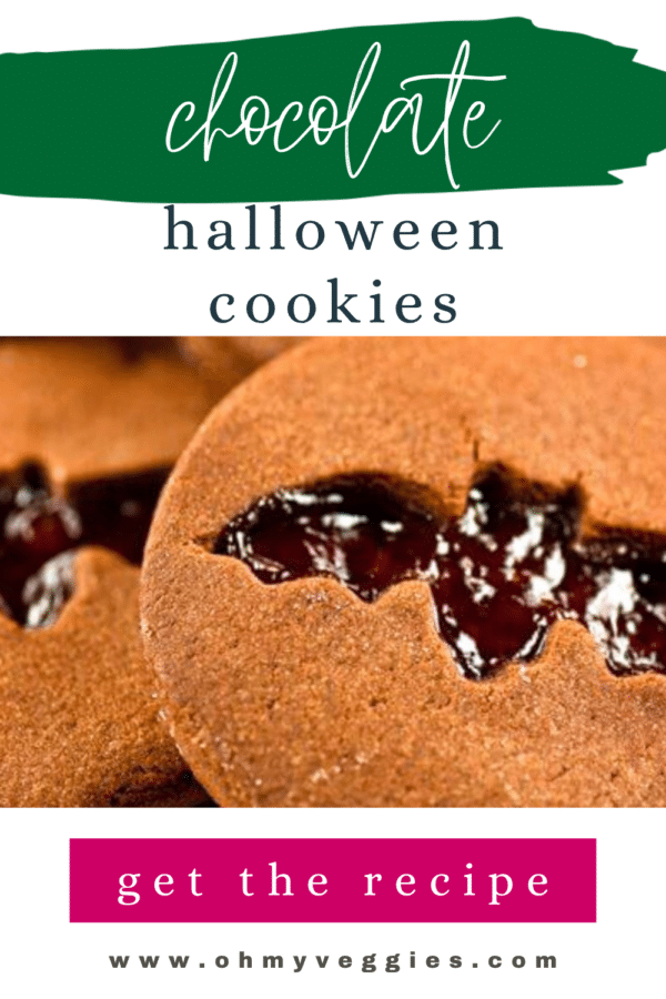 Chocolate Halloween cookies Pinterest pin with bat cut-out sandwich cookies filled with strawberry jam