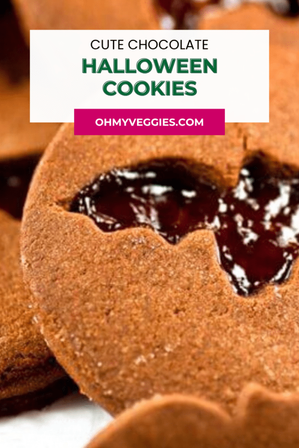 Cute chocolate Halloween cookies Pinterest pin with jam-filled bat cookies