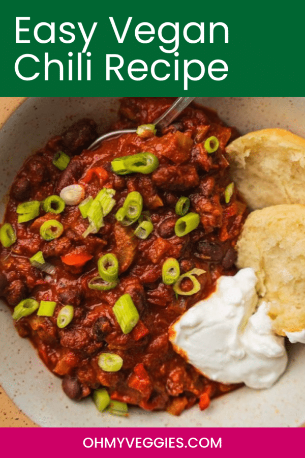 Easy vegan chili recipe Pinterest pin with a bowl of bean chili