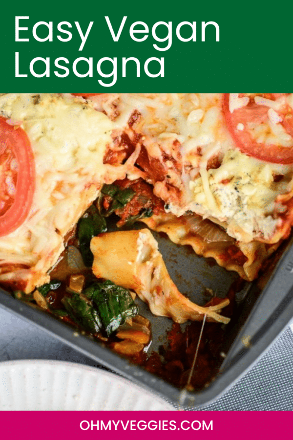 Easy vegan lasagna Pinterest pin showing a slice lifted from the pan
