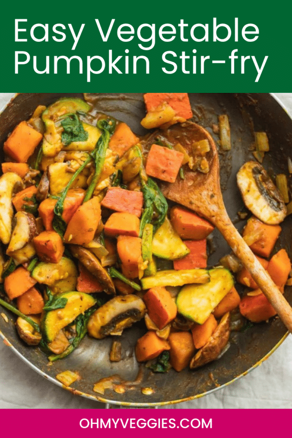 Pumpkin, zucchini and mushroom stir-fry in a frying pan - Pinterest graphic