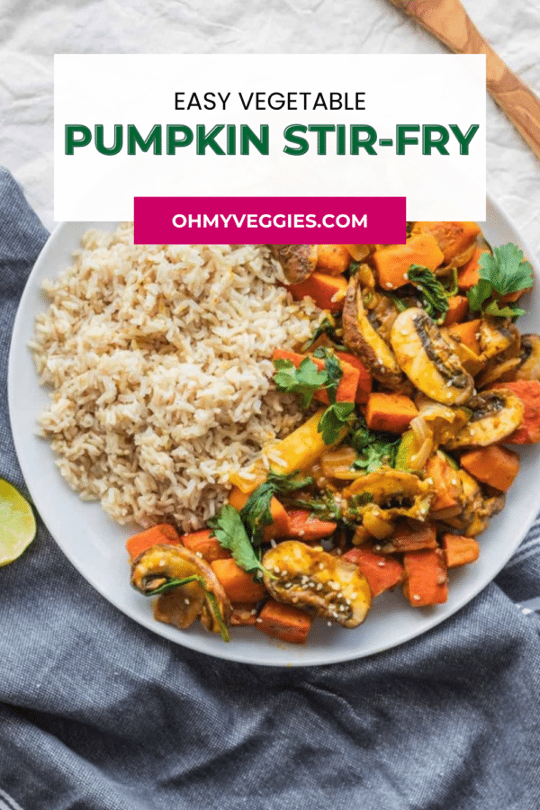 Easy vegetable pumpkin stir-fry served with brown rice - Pinterest graphic