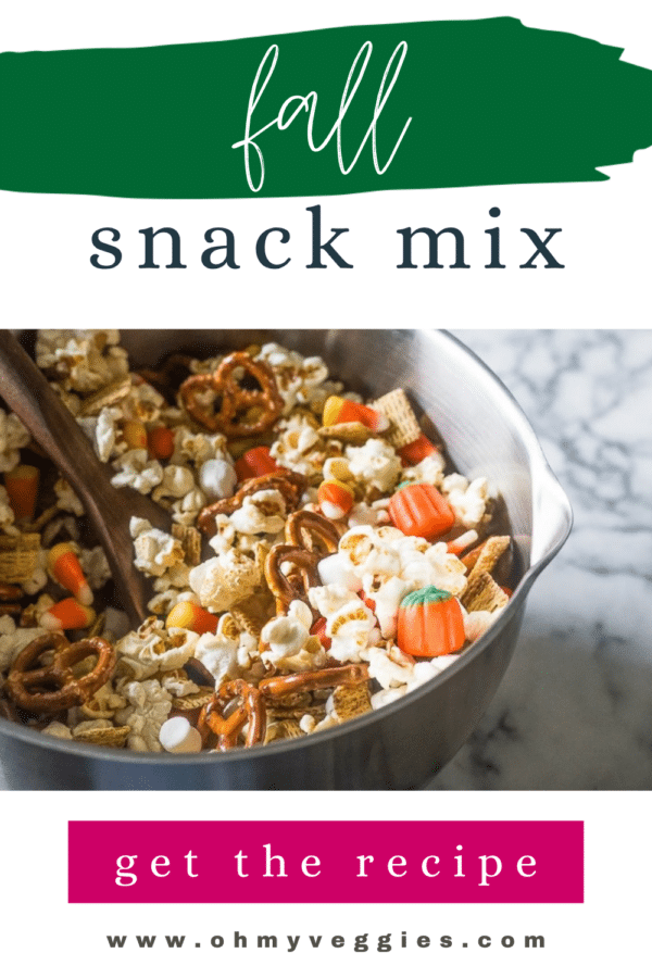 Fall snack mix Pinterest pin showing the mix being stirred in a mixing bowl