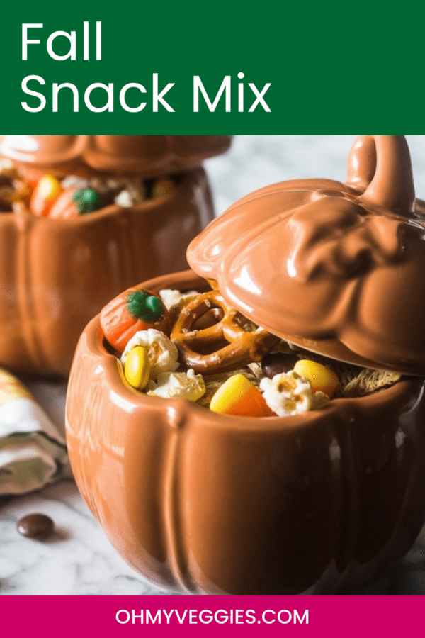 Fall snack mix Pinterest pin showing the mix in a ceramic pumpkin jar