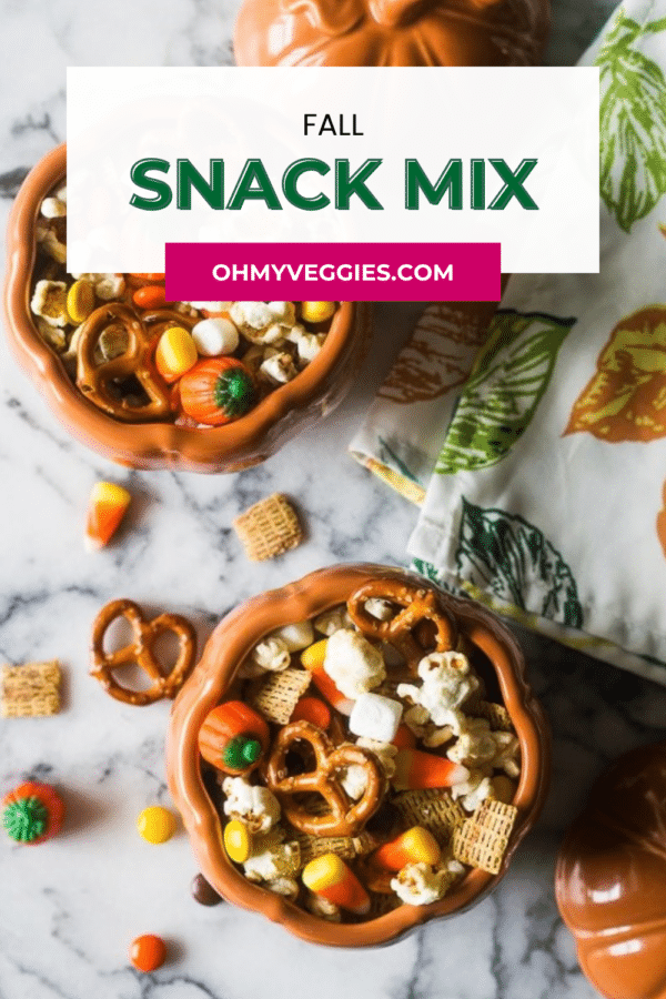 Fall snack mix Pinterest pin with two pumpkin bowls of the mix from above