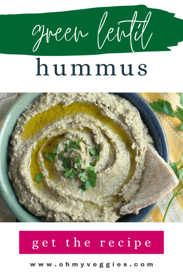 Green lentil hummus pin with olive oil and parsley