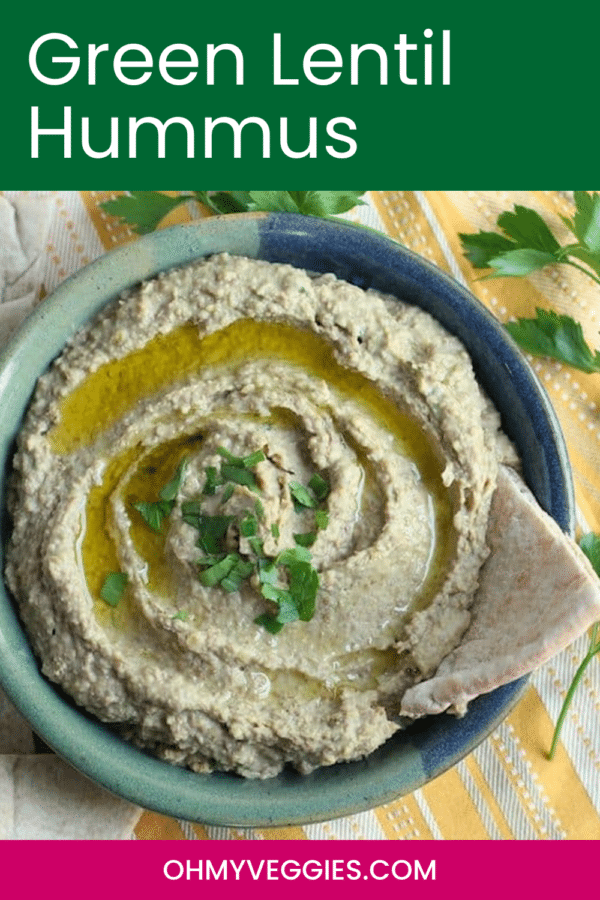 Green lentil hummus served in a bowl with pita, pin graphic