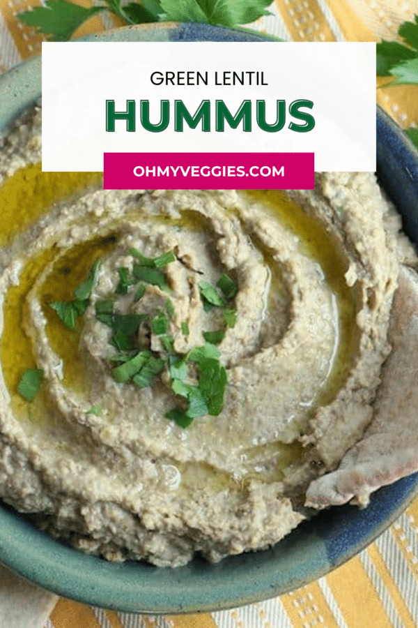 Bowl of green lentil hummus pin graphic