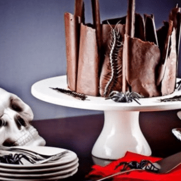 Halloween black forest cake with chocolate shards on a white cake stand