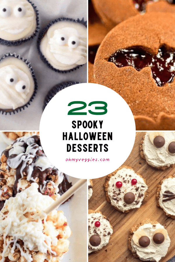 23 spooky Halloween desserts Pinterest pin with mummy cupcakes, bat cookies, popcorn balls and spooky cookies
