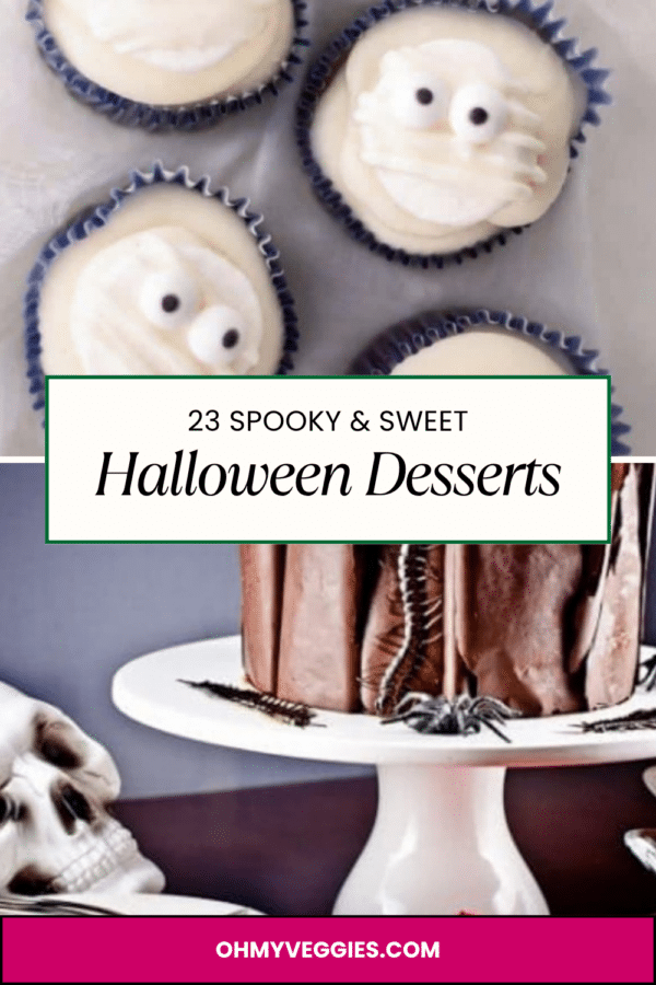 23 spooky and sweet Halloween desserts Pinterest pin with mummy cupcakes and Black Forest cake