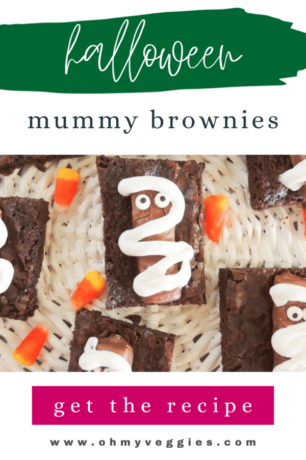 Halloween mummy brownies Pinterest graphic with brownies topped with candy eyes and icing